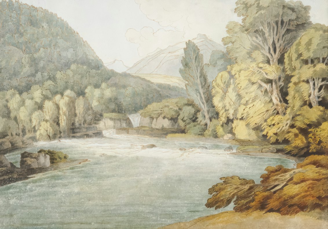 Gezeichnete Flusslandschaft mit Bäumen